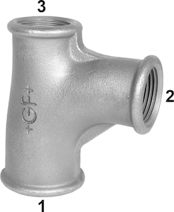 Picture of +GF+ 131 Bogen-T-Stück, Abzweig u. Durchgang egal od. reduziert, ISO/EN E1, Dim. (1-2-3): 1" ‑ 3/4" ‑ 3/4", Art.Nr.: 770131120