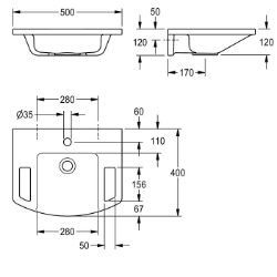 Picture of KWC EXOS. ANMW0003N Handwaschbecken barrierefrei Typ des Beckens:Einfach- / Mehrfachmünzkontakt, Beckenposition:mittig, Beckenform:Rechteck, Art.Nr. : 2030073250