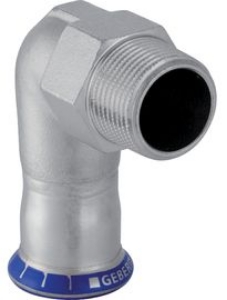 Picture of Geberit - Übergangswinkel 90° GEBERIT MAPRESS Wasser Edelstahl Rostfrei 1.4401 mit Aussengewinde, d mm: 18, R: 1/2, L cm: 5.7, H cm: 3.9, Z cm: 3.7, Art.Nr. : 33834