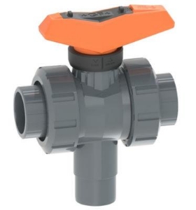 Picture of +GF+ 3-Weg Kugelhahn Typ 543 Pro PVC-U Vertikal/L-Bohrung Mit Klebemuffen metrisch, d mm: 40, Art.Nr.: 161543405